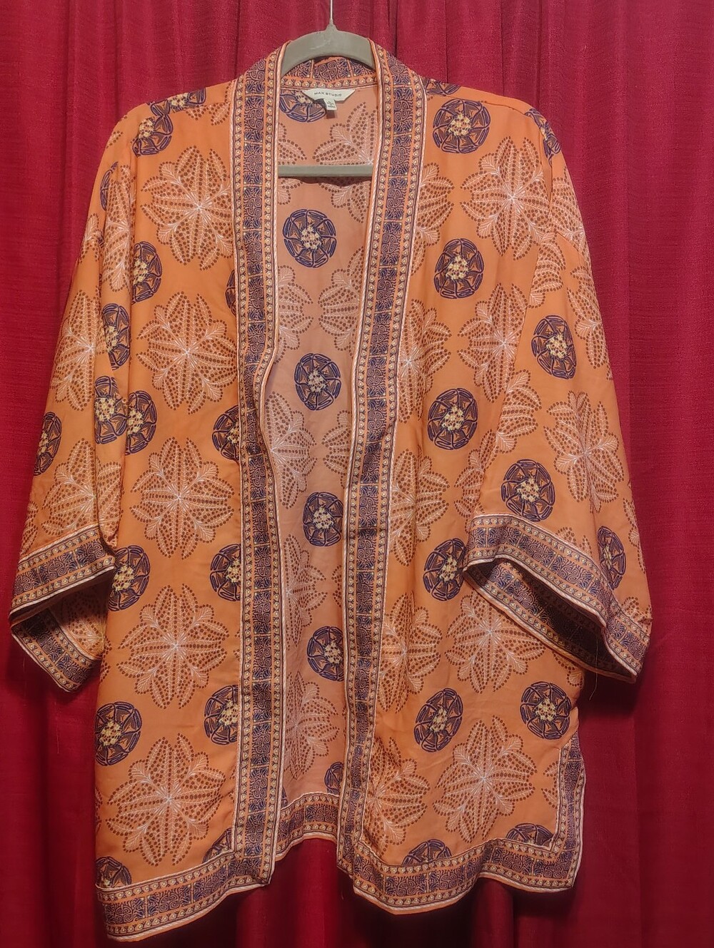 Max Studio Boho Orange Paisley Floral Kimono Cardigan Open Front Jacket Size L